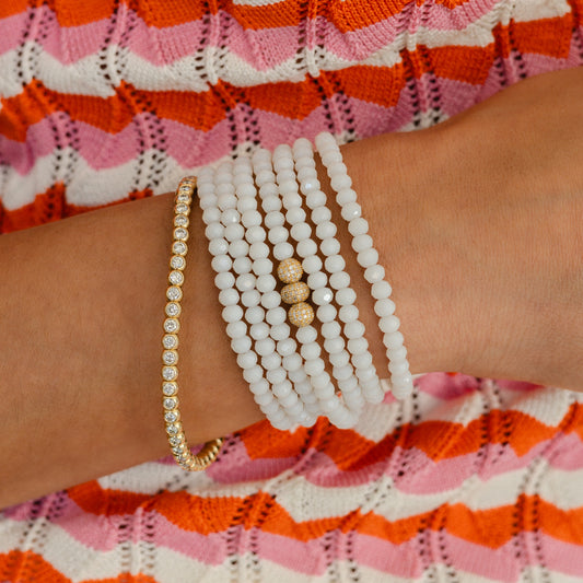 4mm White Crystal and Yellow Gold Diamond Accent Seven Wrap Beaded Bracelet