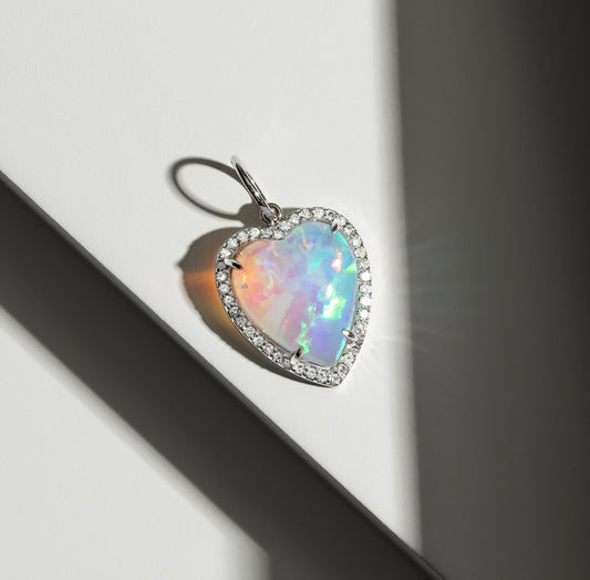 White Gold Diamond and Fire Opal Chubby Heart Charm