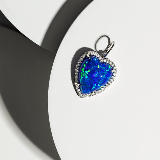White Gold Diamond and Blue Fire Opal Chubby Heart Charm