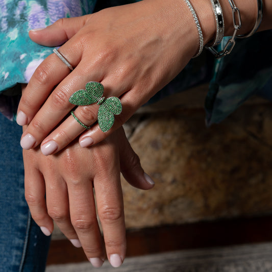 White Rhodium Silver and Emerald Fluttering Butterfly Ring