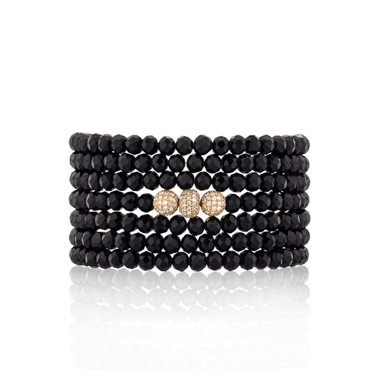 4mm Black Crystal and Yellow Gold Diamond Accent Seven Wrap Beaded Bracelet