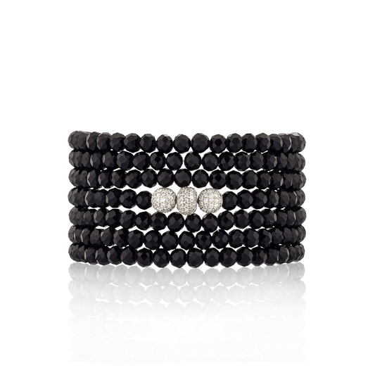 4mm Black Crystal and White Gold Diamond Accent Seven Wrap Beaded Bracelet