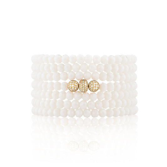 4mm White Crystal and Yellow Gold Diamond Accent Seven Wrap Beaded Bracelet
