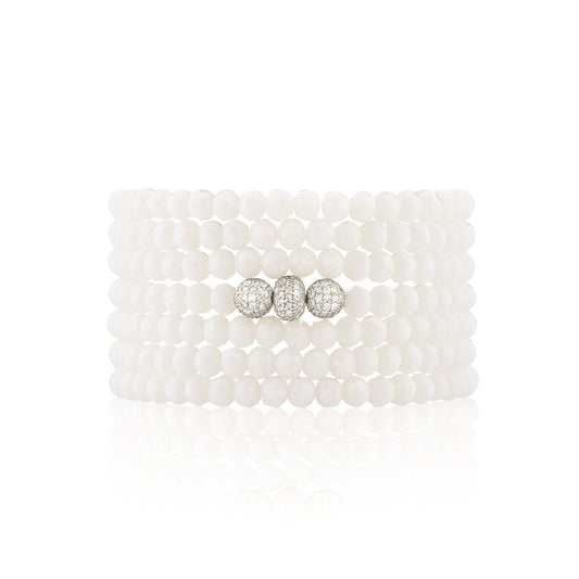 4mm White Crystal and White Gold Diamond Accent Seven Wrap Beaded Bracelet