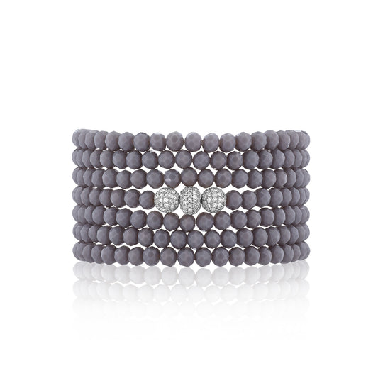 4mm Gray Crystal and White Gold Diamond Accent Seven Wrap Beaded Bracelet