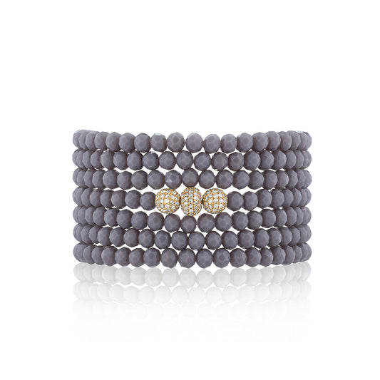 4mm Gray Crystal and Yellow Gold Diamond Accent Seven Wrap Beaded Bracelet
