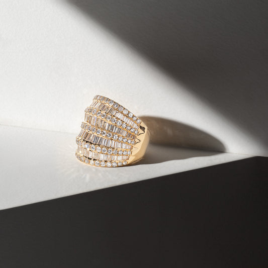 18 Karat Yellow Gold Nine Layer Baguette Barrel Ring