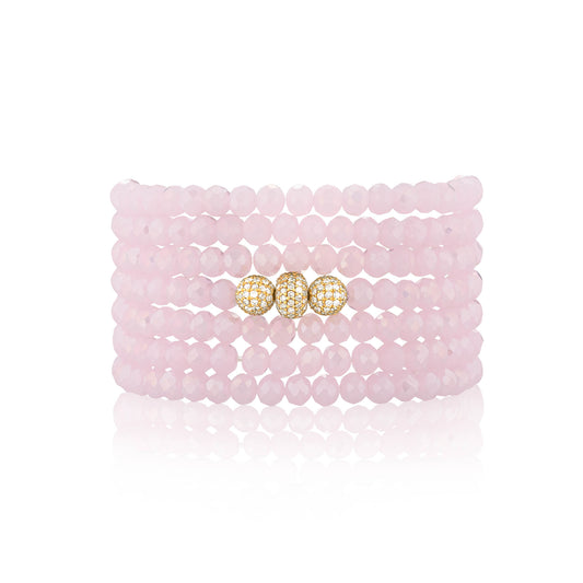 4mm Pink Crystal and Yellow Gold Diamond Accent Seven Wrap Beaded Bracelet