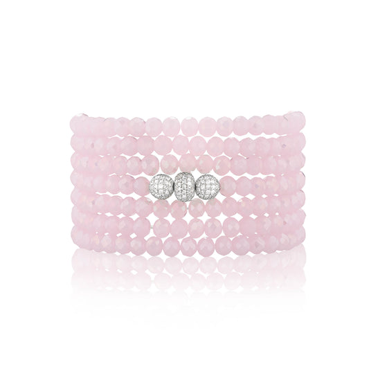 4mm Pink Crystal and White Gold Diamond Accent Seven Wrap Beaded Bracelet