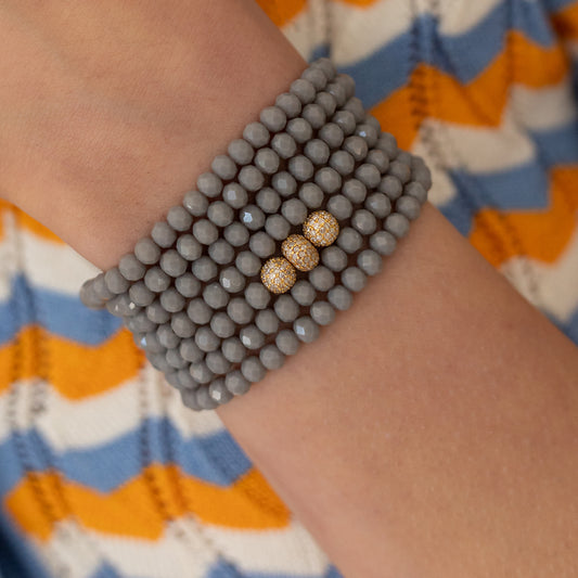 4mm Gray Crystal and Yellow Gold Diamond Accent Seven Wrap Beaded Bracelet