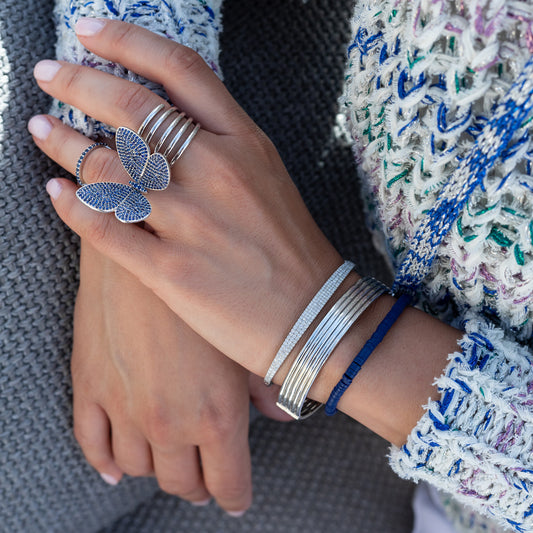 White Rhodium Silver and Blue Sapphire Fluttering Butterfly Ring