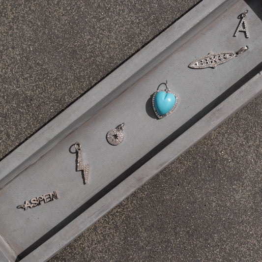 White Gold Diamond and Turquoise Chubby Heart Charm