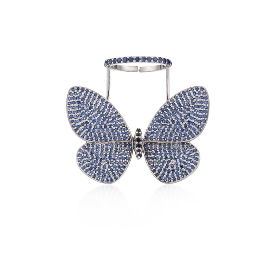 White Rhodium Silver and Blue Sapphire Fluttering Butterfly Ring