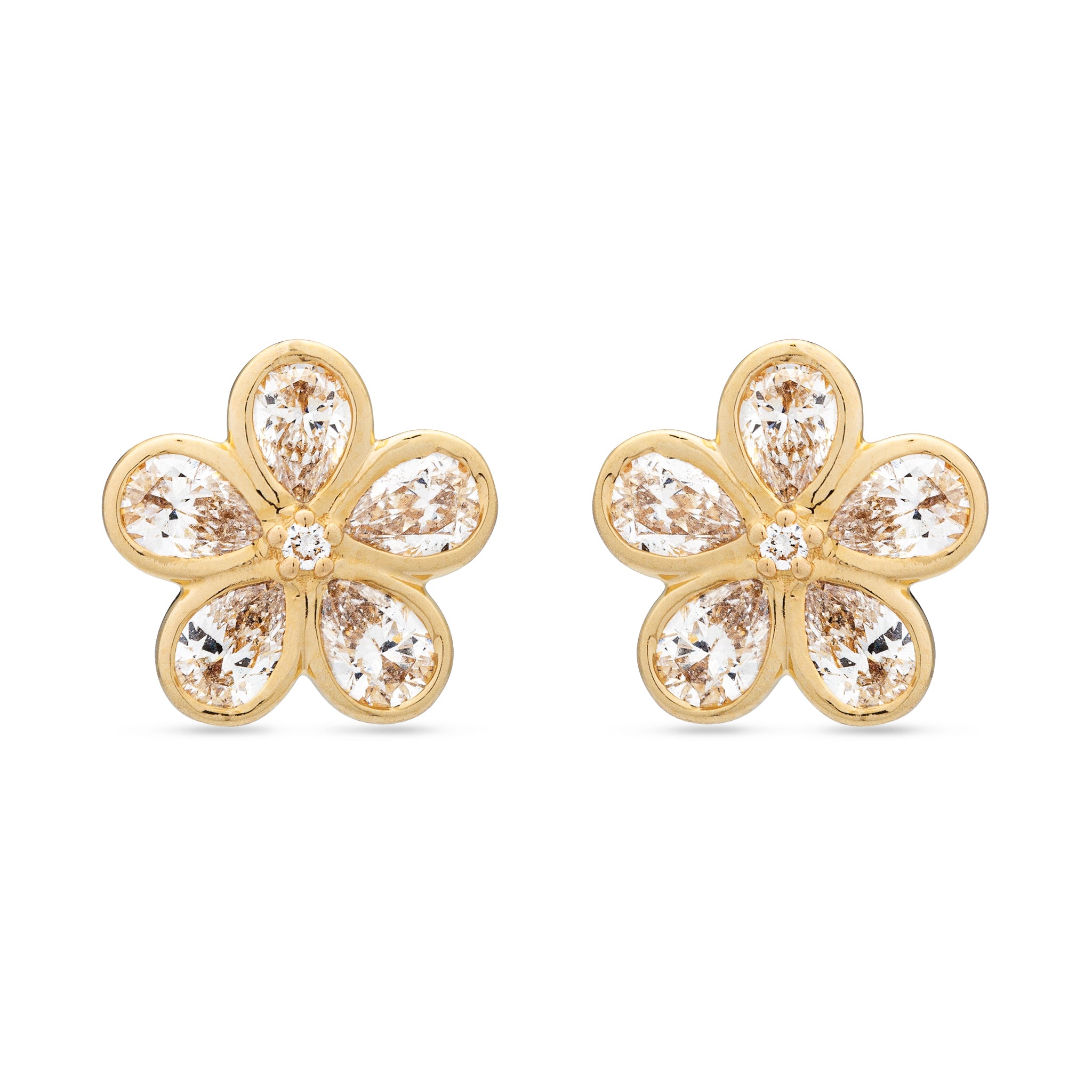 14 Karat Yellow Gold Diamond Flower Stud Earrings