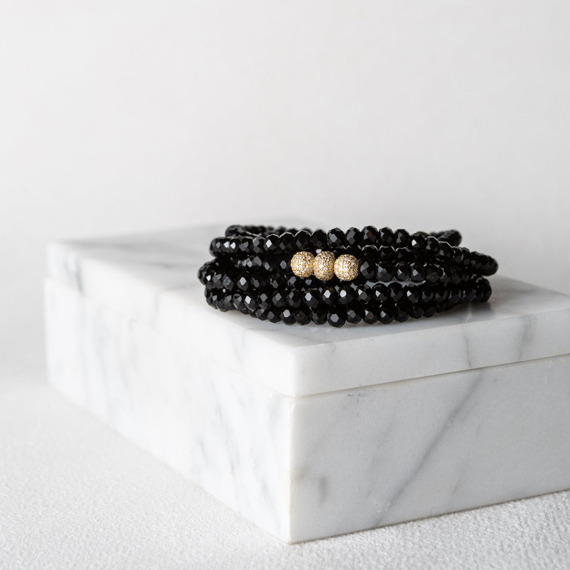 4mm Black Crystal and Yellow Gold Diamond Accent Seven Wrap Beaded Bracelet