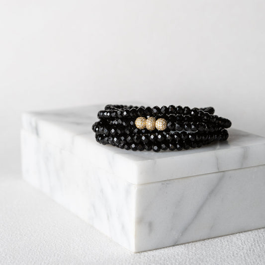 4mm Black Crystal and Yellow Gold Diamond Accent Seven Wrap Beaded Bracelet