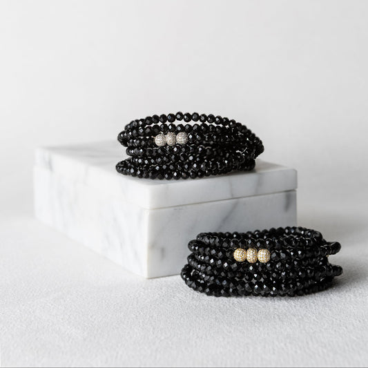 4mm Black Crystal and White Gold Diamond Accent Seven Wrap Beaded Bracelet