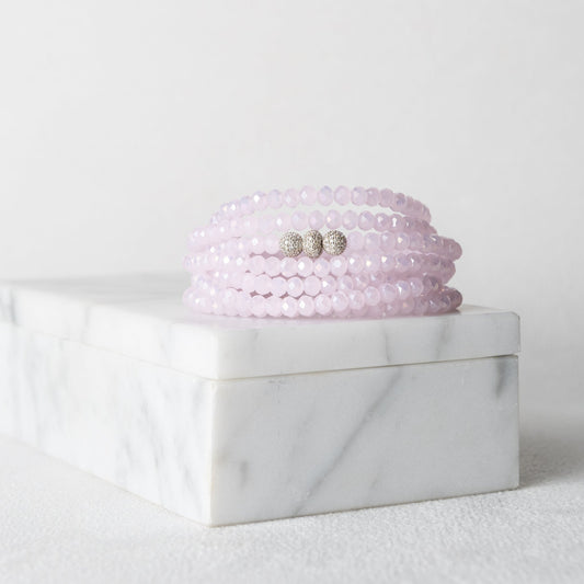 4mm Pink Crystal and White Gold Diamond Accent Seven Wrap Beaded Bracelet