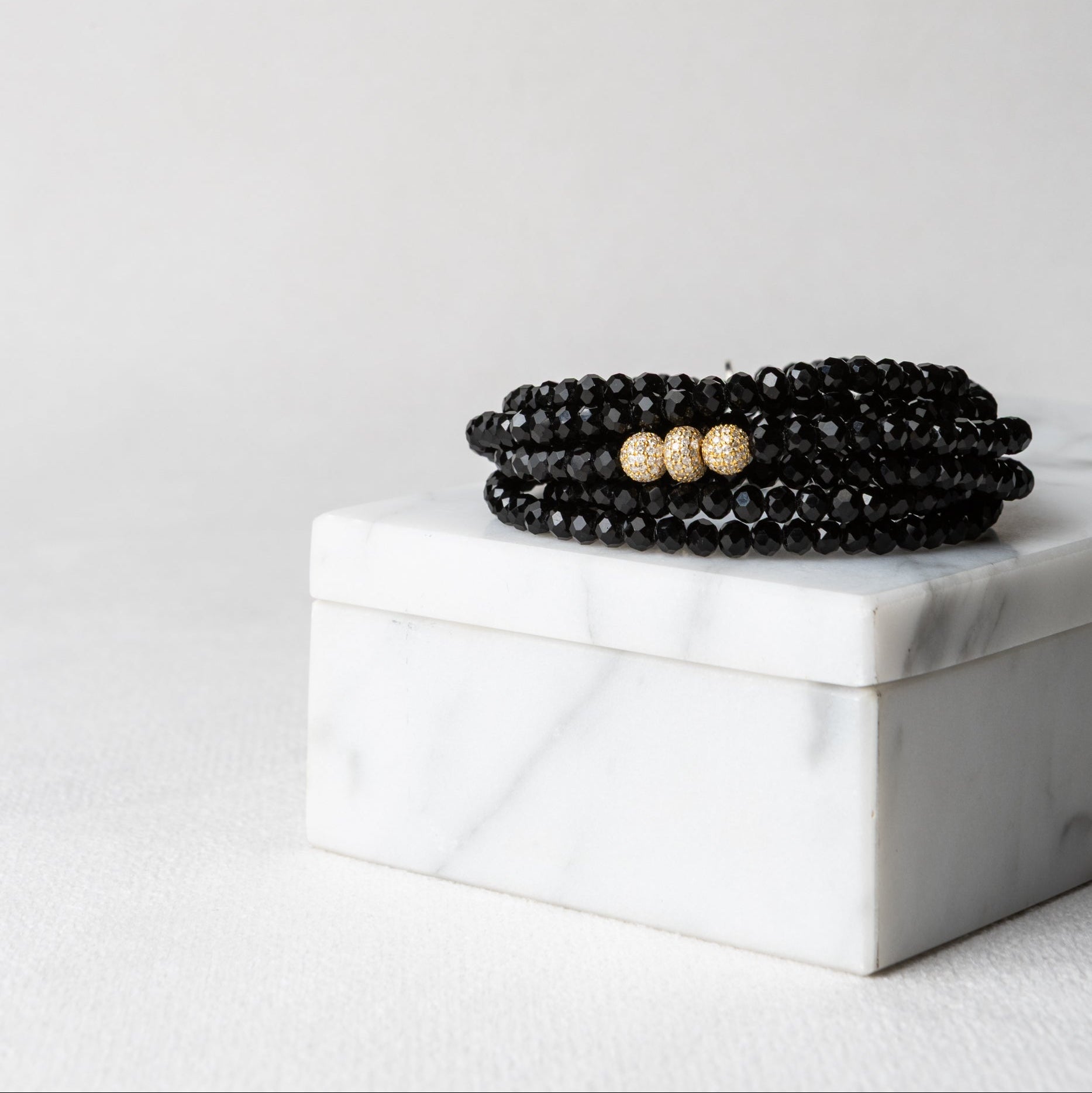 4mm Black Crystal and Yellow Gold Diamond Accent Seven Wrap Beaded Bracelet