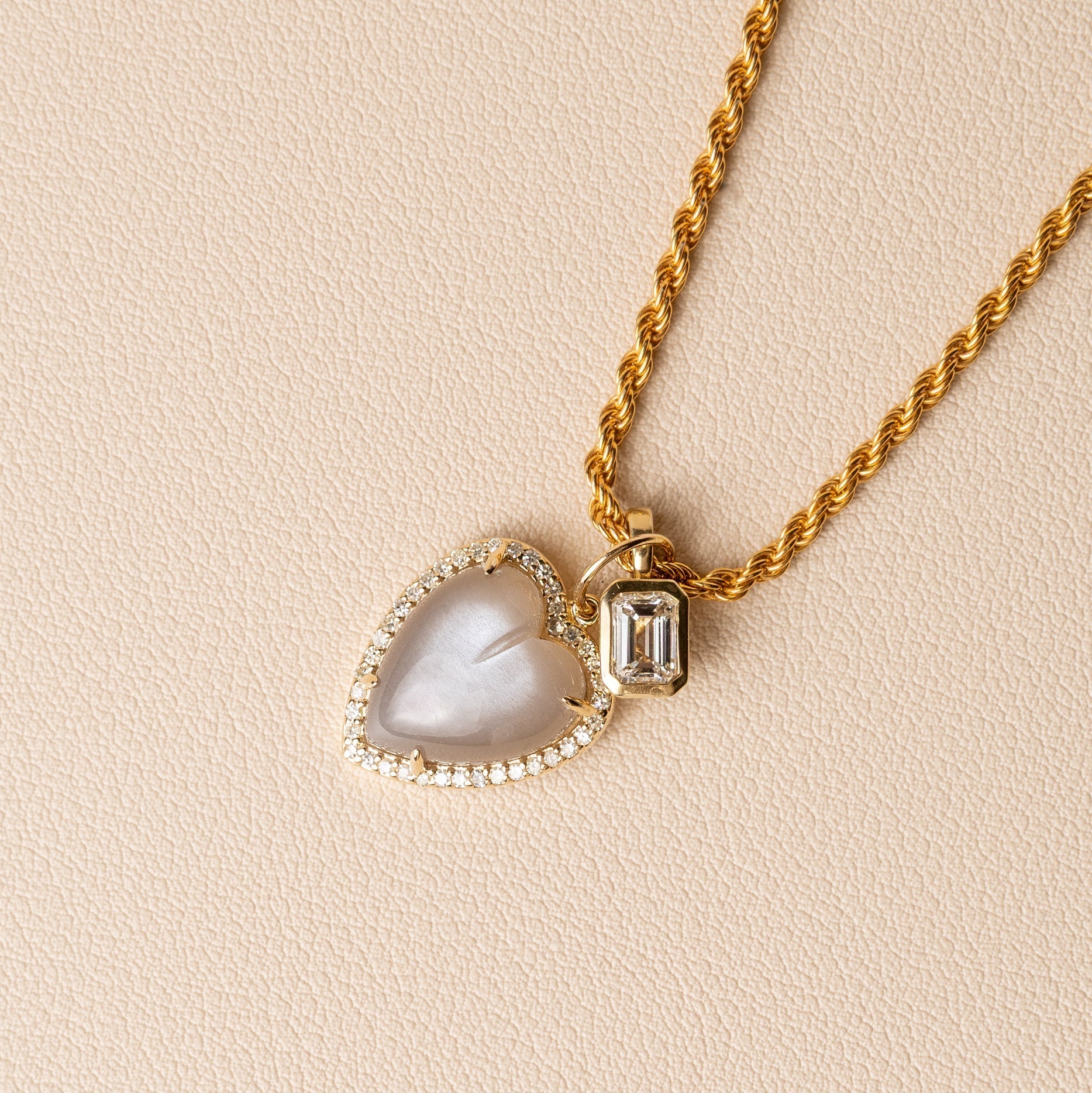 Yellow Gold Diamond and Grey Moonstone Chubby Heart Charm