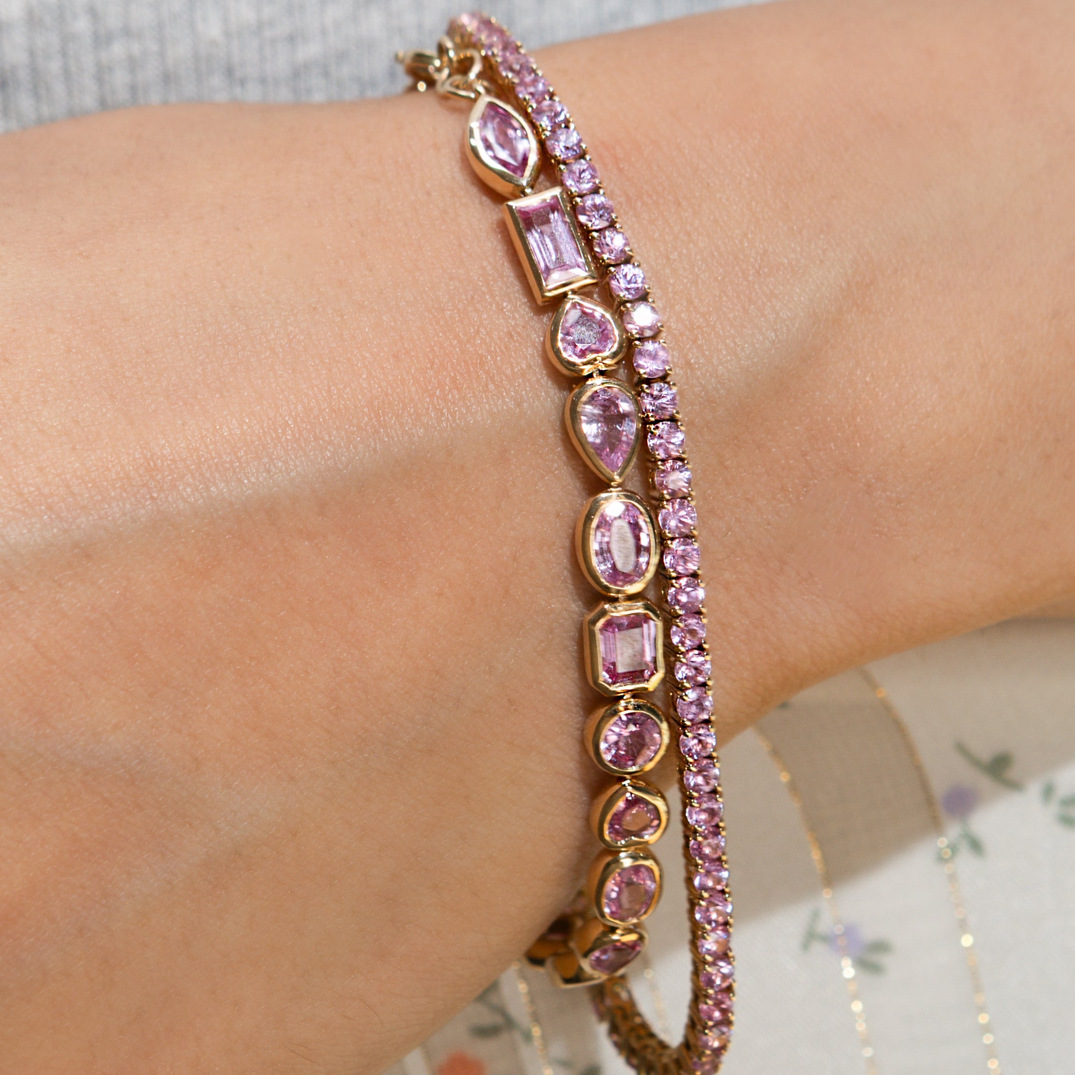 14 Karat Yellow Gold Multi Shape Pink Sapphire Bracelet