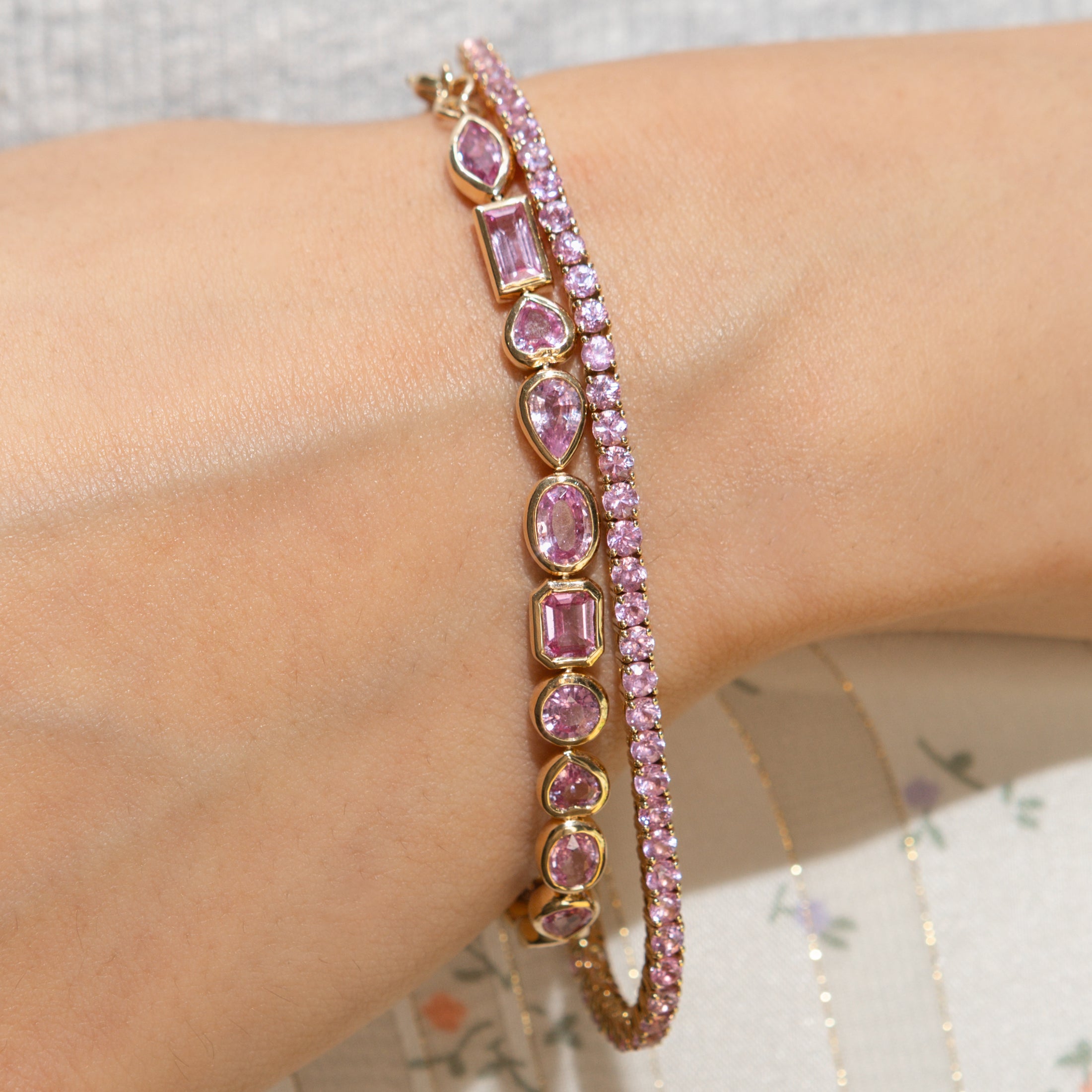 14 Karat Yellow Gold Multi Shape Pink Sapphire Bracelet