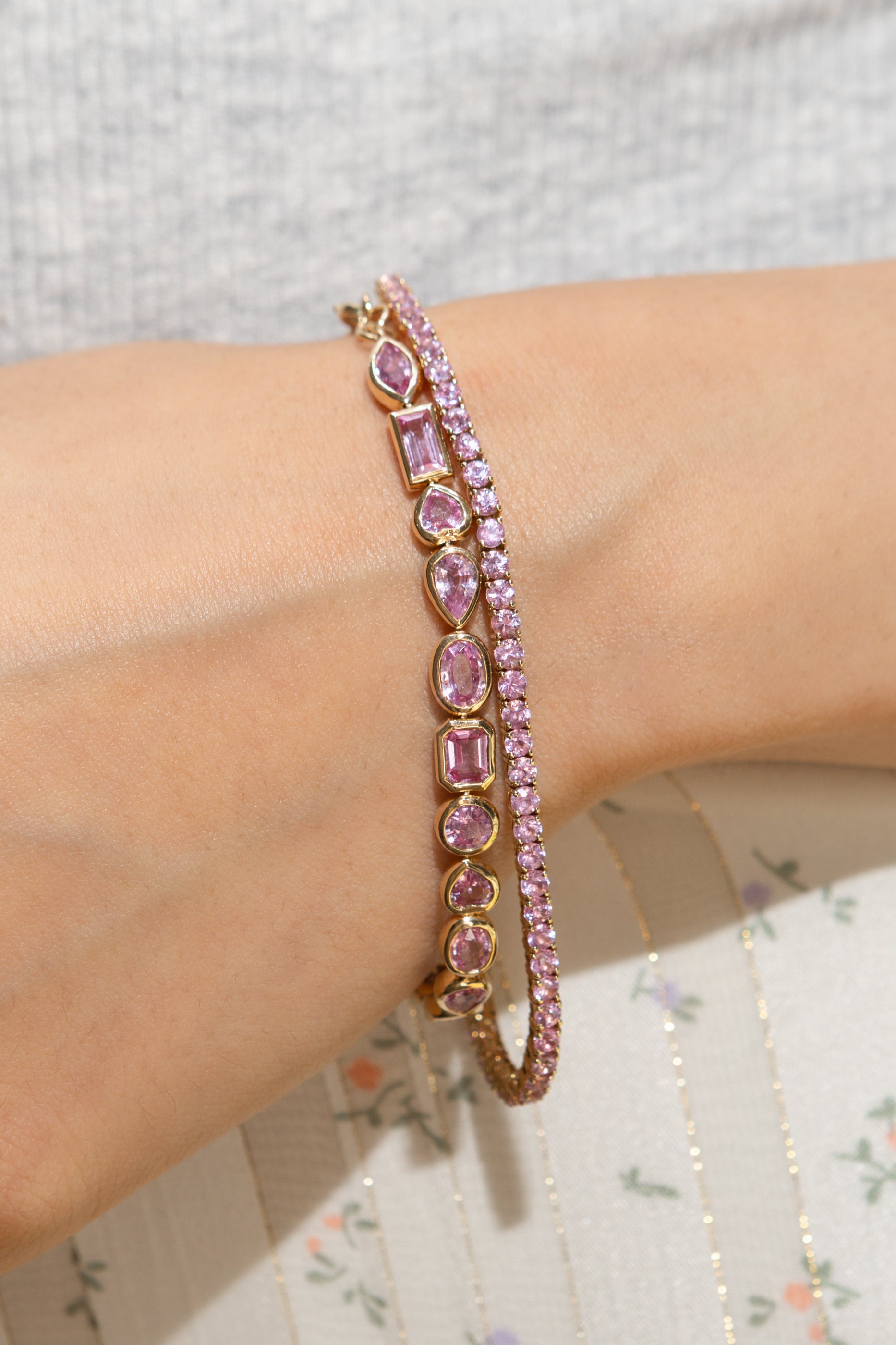 14 Karat Yellow Gold Pink Sapphire Tennis Bracelet