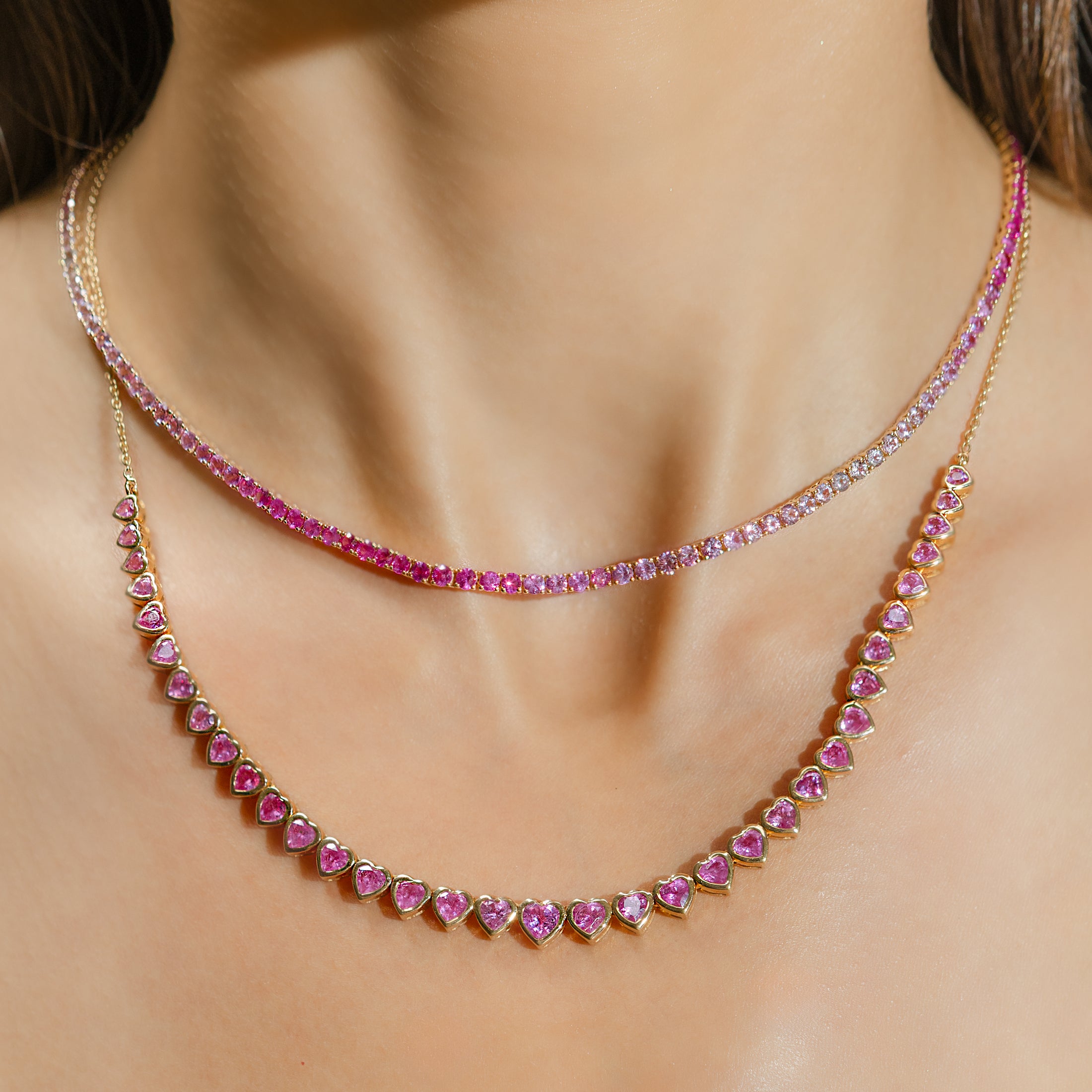 14 Karat Gold and Ombre Pink Sapphire 8.00cts Oval 16.00" Tennis Necklace