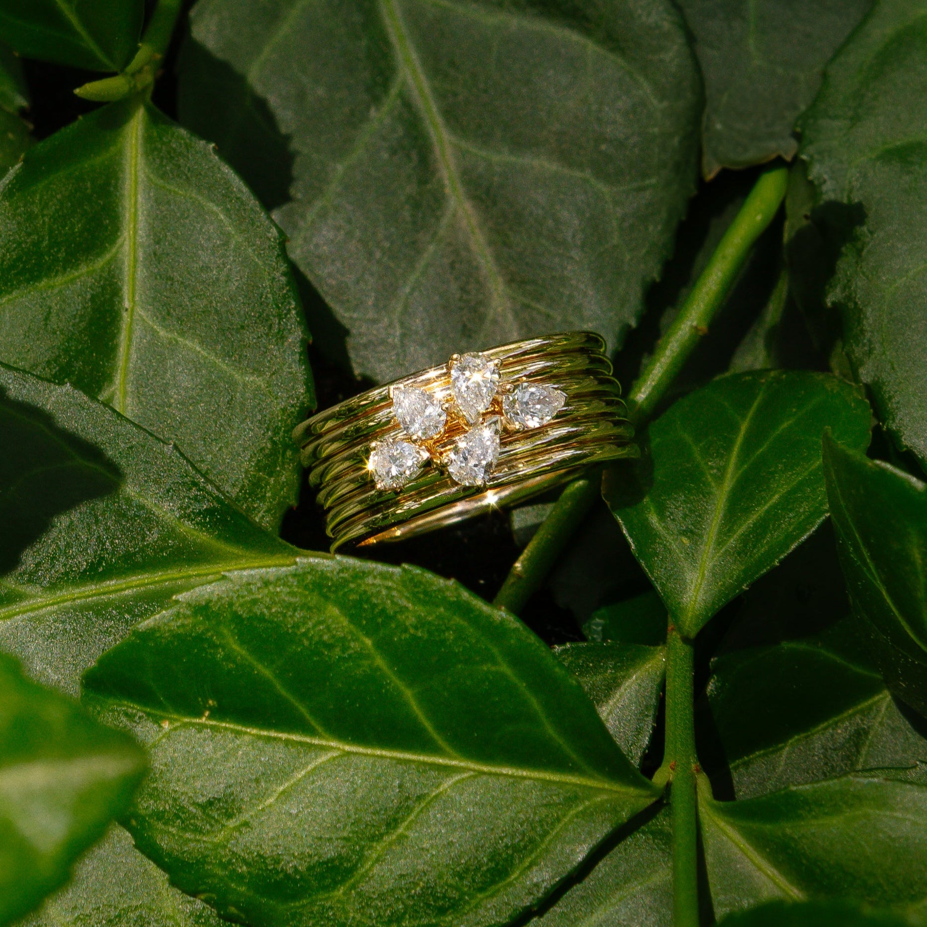 14 Karat Yellow Gold Pear Diamond Barrel Ring