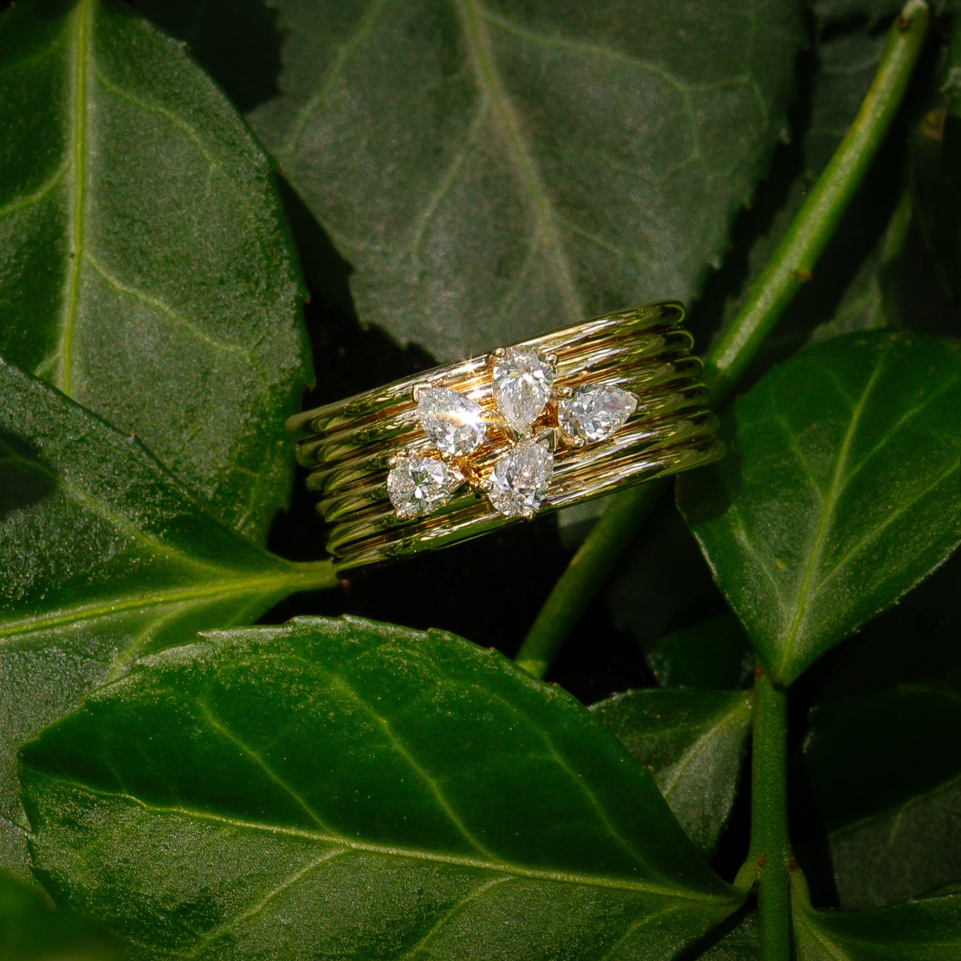 14 Karat Yellow Gold Pear Diamond Barrel Ring