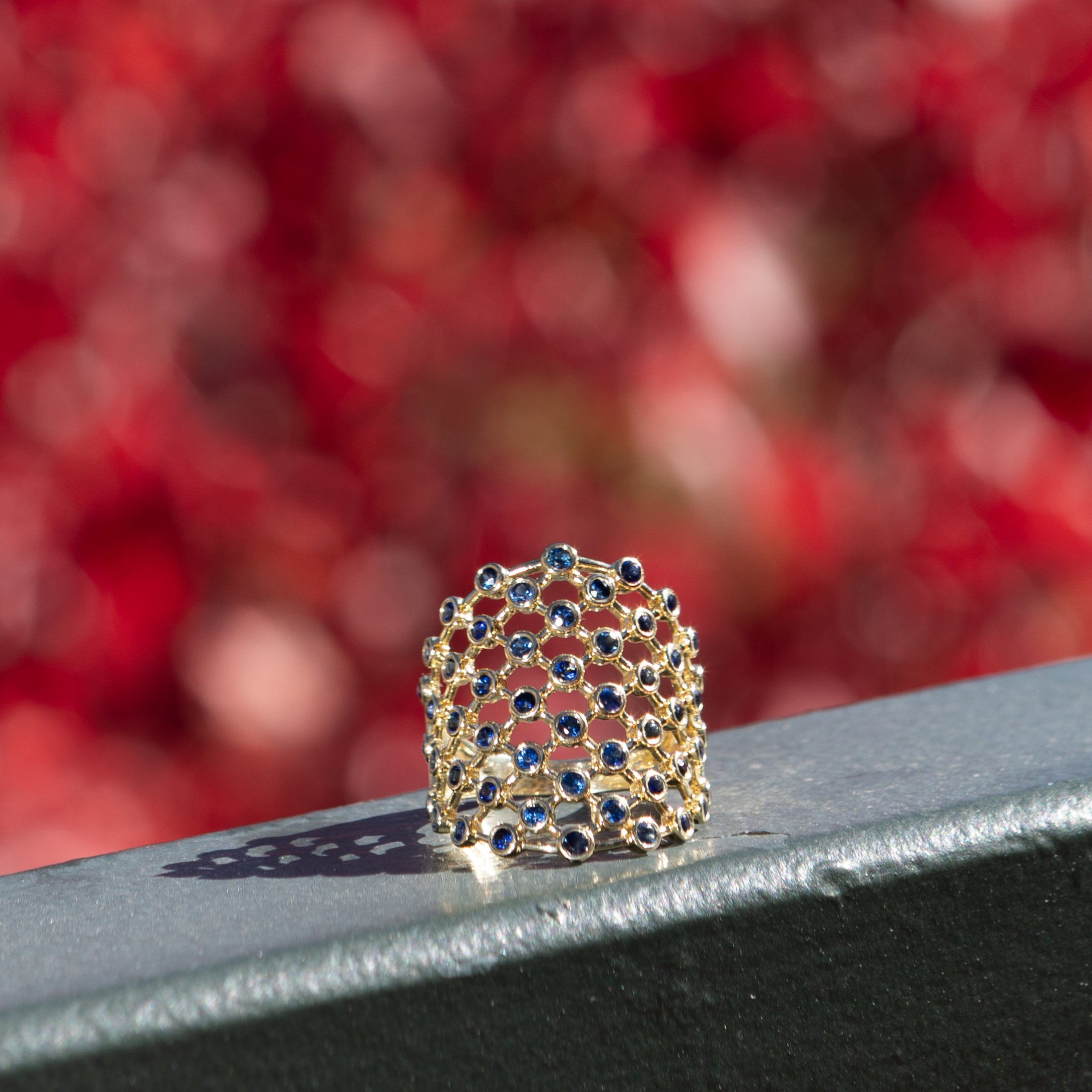 14 Karat Yellow Gold Diamond Bezel Set Blue Sapphire Ring