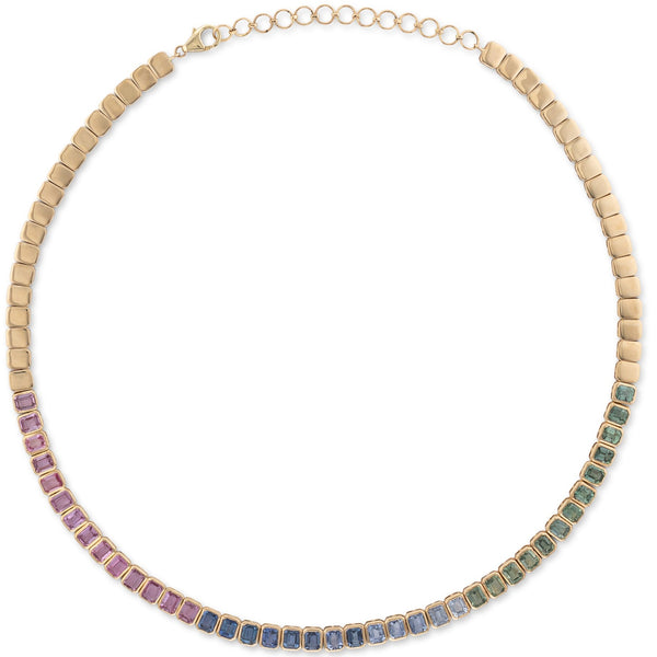 14 Karat Yellow Gold Adjustable Sapphire Rainbow Tennis Necklace 20.00cts 16.00"
