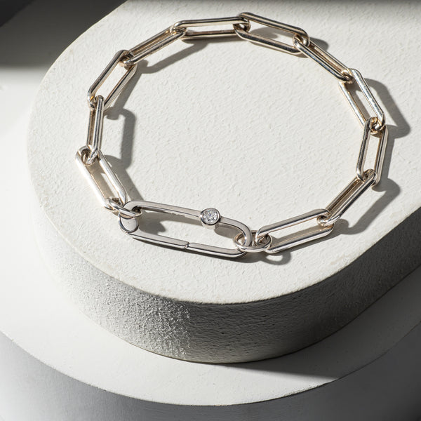 Sterling Silver Paperclip Large Diamond Clasp Bracelet