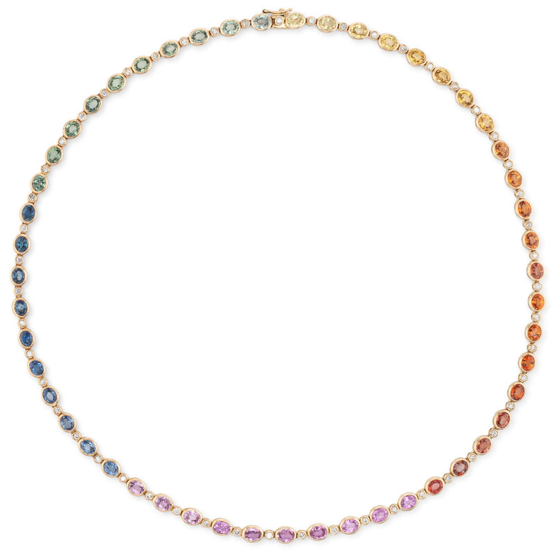 14 Karat Yellow Gold and Diamond Sapphire Rainbow Tennis Necklace 25.00cts 17.50"