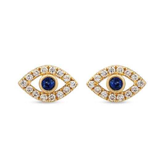14 Karat Yellow Gold Diamond Evil Eye Stud Earrings