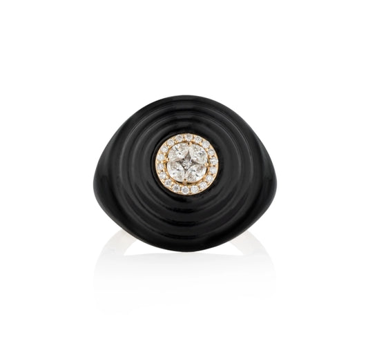 14 Karat Yellow Gold Diamond and Onyx Art Deco Cocktail Ring