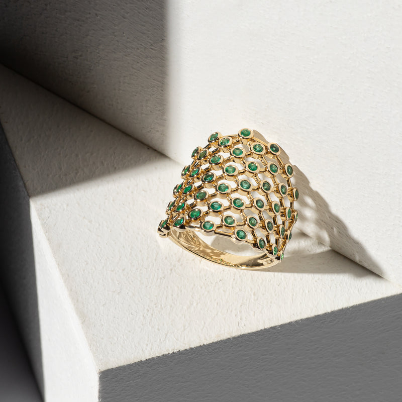 14 Karat Yellow Gold Diamond Bezel Set Emerald Ring