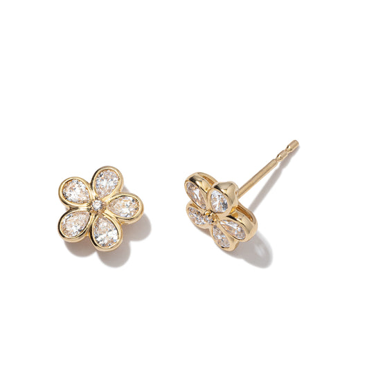 14 Karat Yellow Gold Diamond Flower Stud Earrings