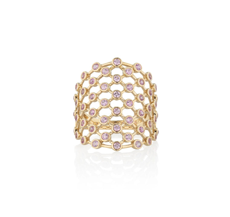 14 Karat Yellow Gold Diamond Bezel Set Pink Sapphire Ring