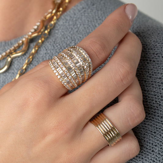 18 Karat Yellow Gold Nine Layer Baguette Barrel Ring