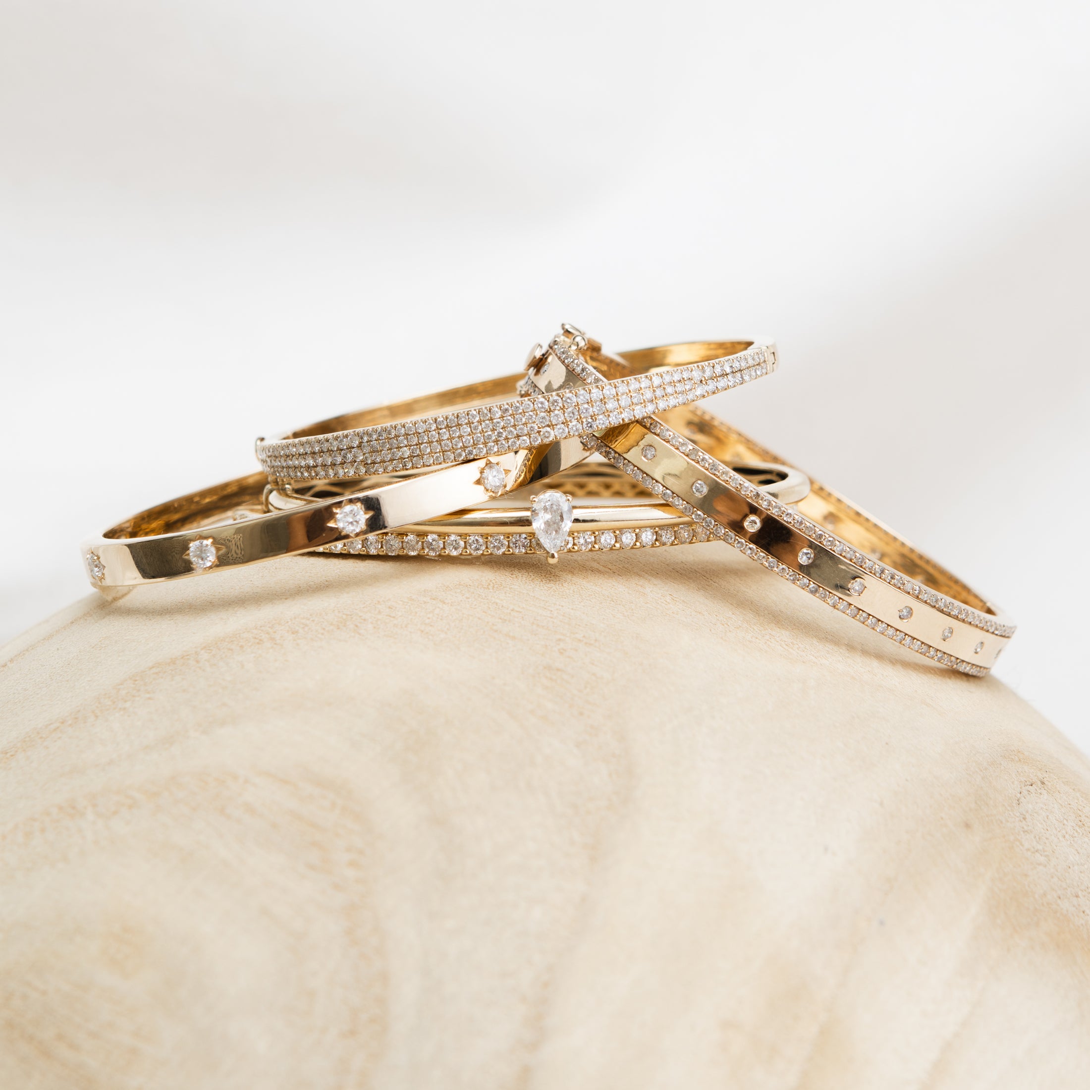 14 Karat Yellow Gold and Diamond Burst Hinge Bracelet