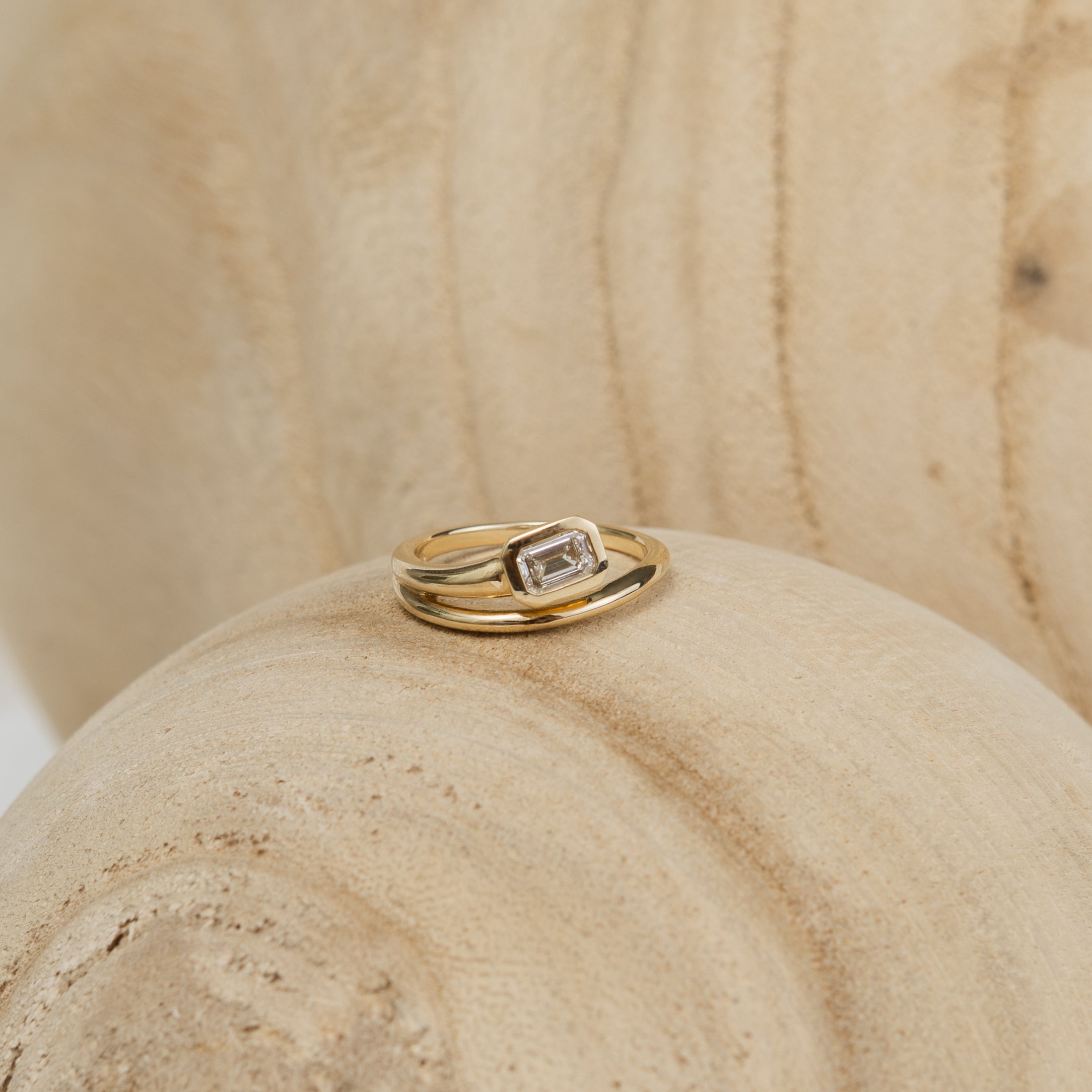 Yellow Gold Emerald Diamond Half Spiral Ring .65cts