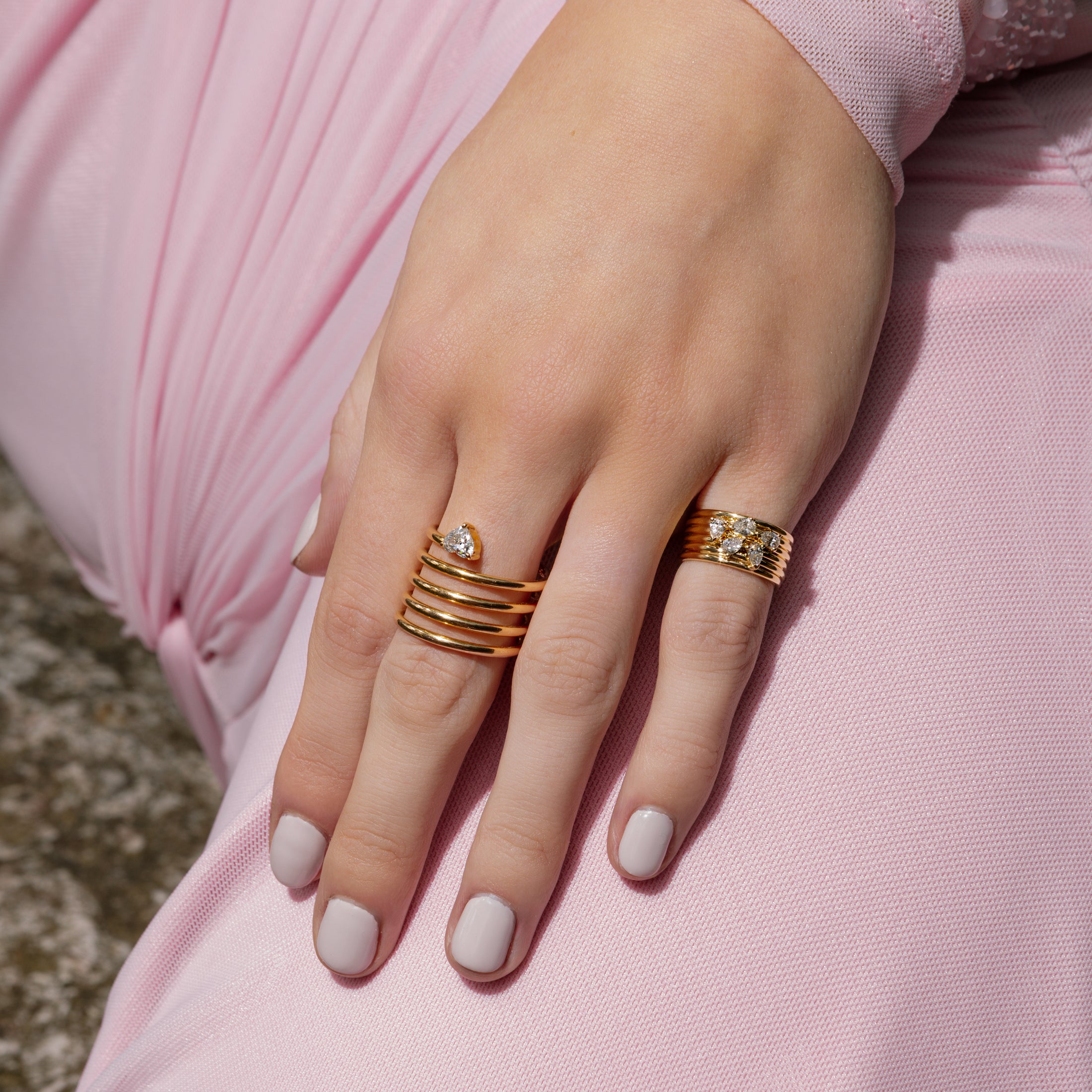 14 Karat Yellow Gold Pear Diamond Barrel Pinky Ring