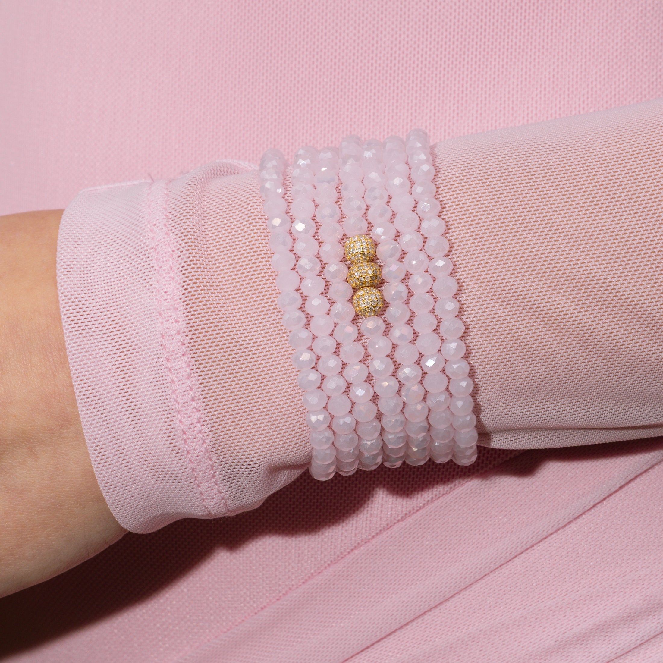4mm Pink Crystal and Yellow Gold Diamond Accent Seven Wrap Beaded Bracelet