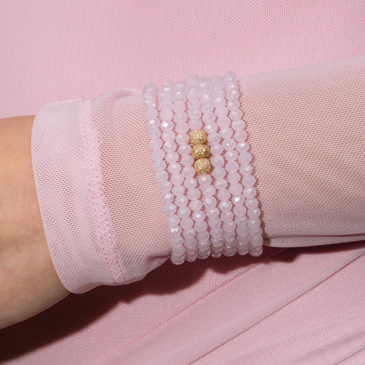 4mm Pink Crystal and Yellow Gold Diamond Accent Seven Wrap Beaded Bracelet