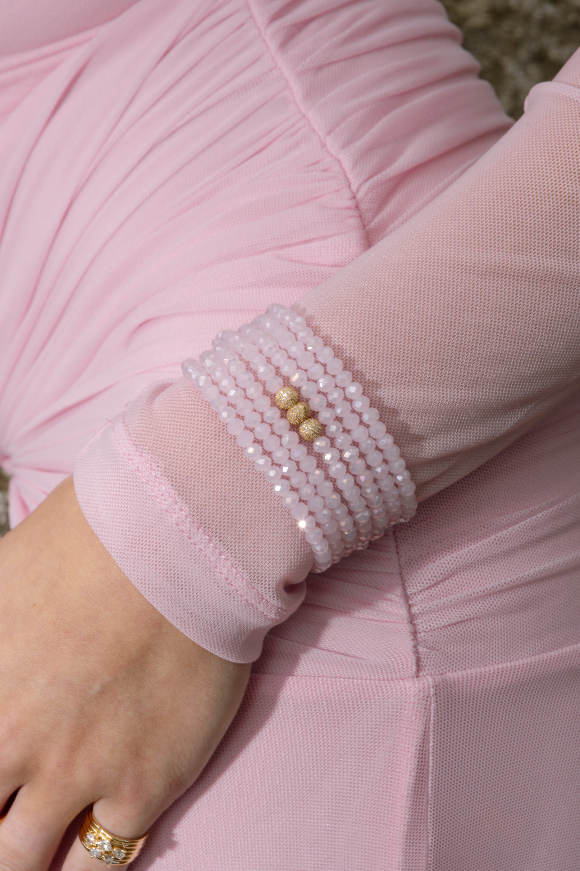 4mm Pink Crystal and Yellow Gold Diamond Accent Seven Wrap Beaded Bracelet