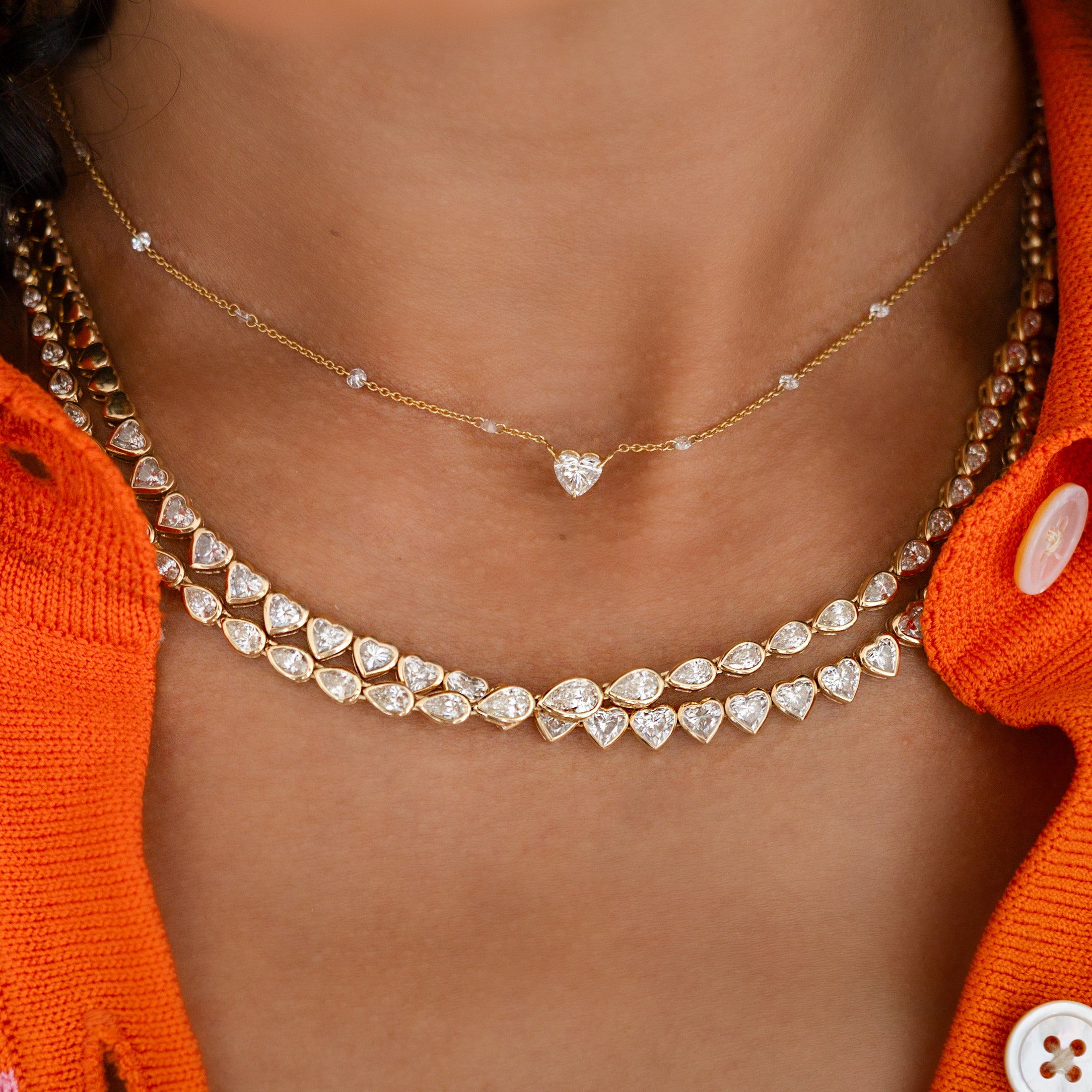 Yellow Gold Bezel All The Way 7.00cts Pear Diamond 17.00" Tennis Necklace