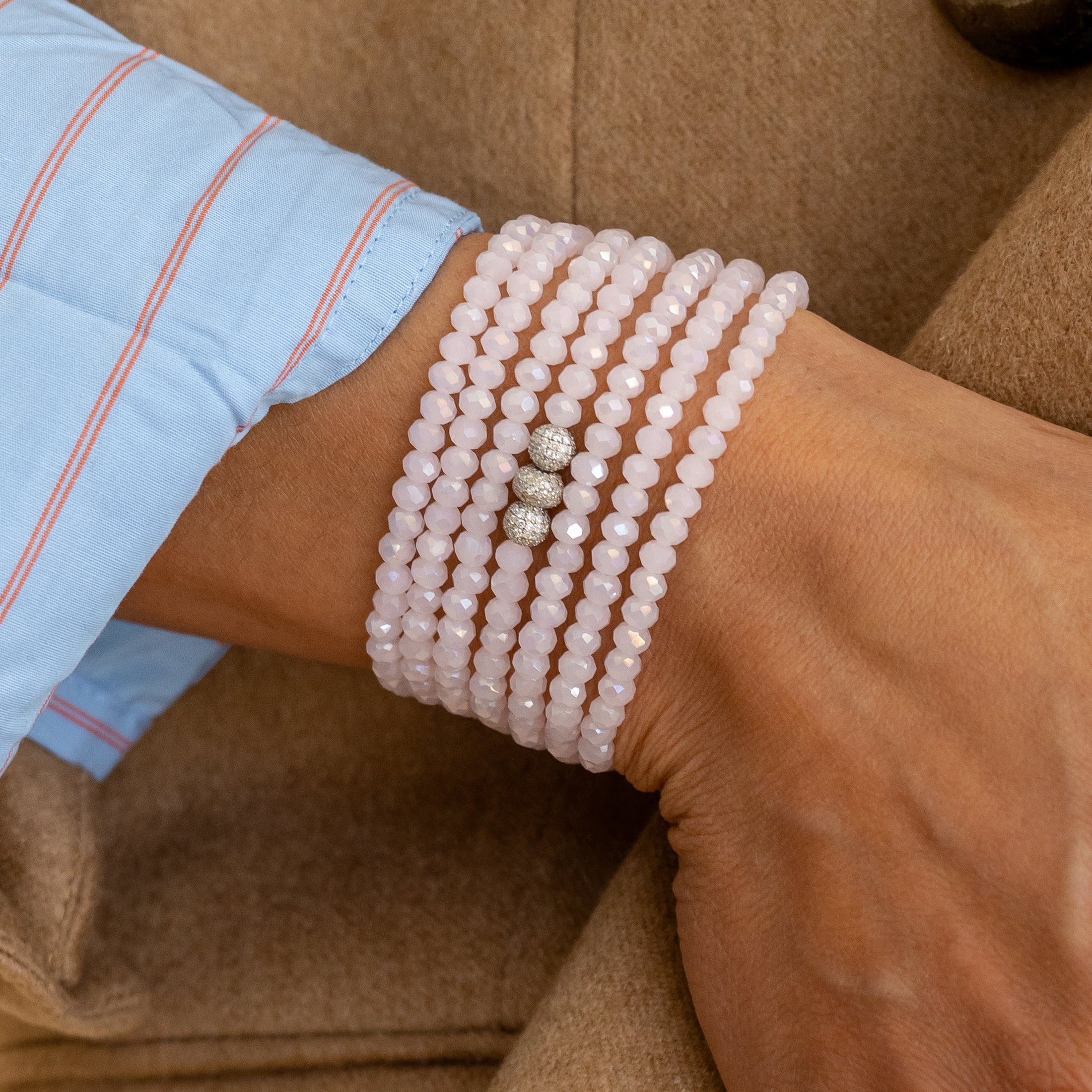4mm Pink Crystal and White Gold Diamond Accent Seven Wrap Beaded Bracelet