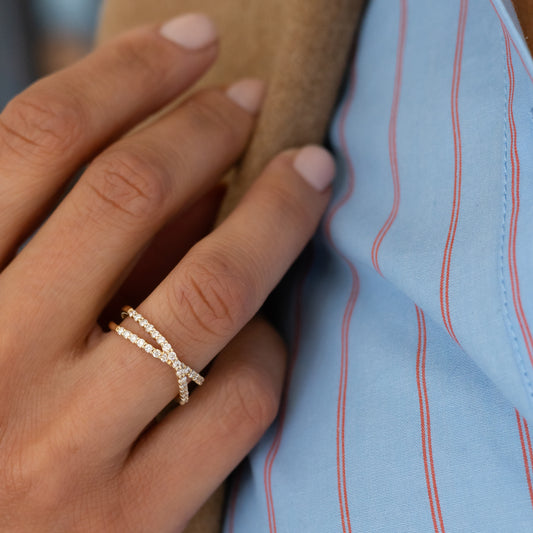 14 Karat Yellow Gold and Diamond Criss Cross Ring
