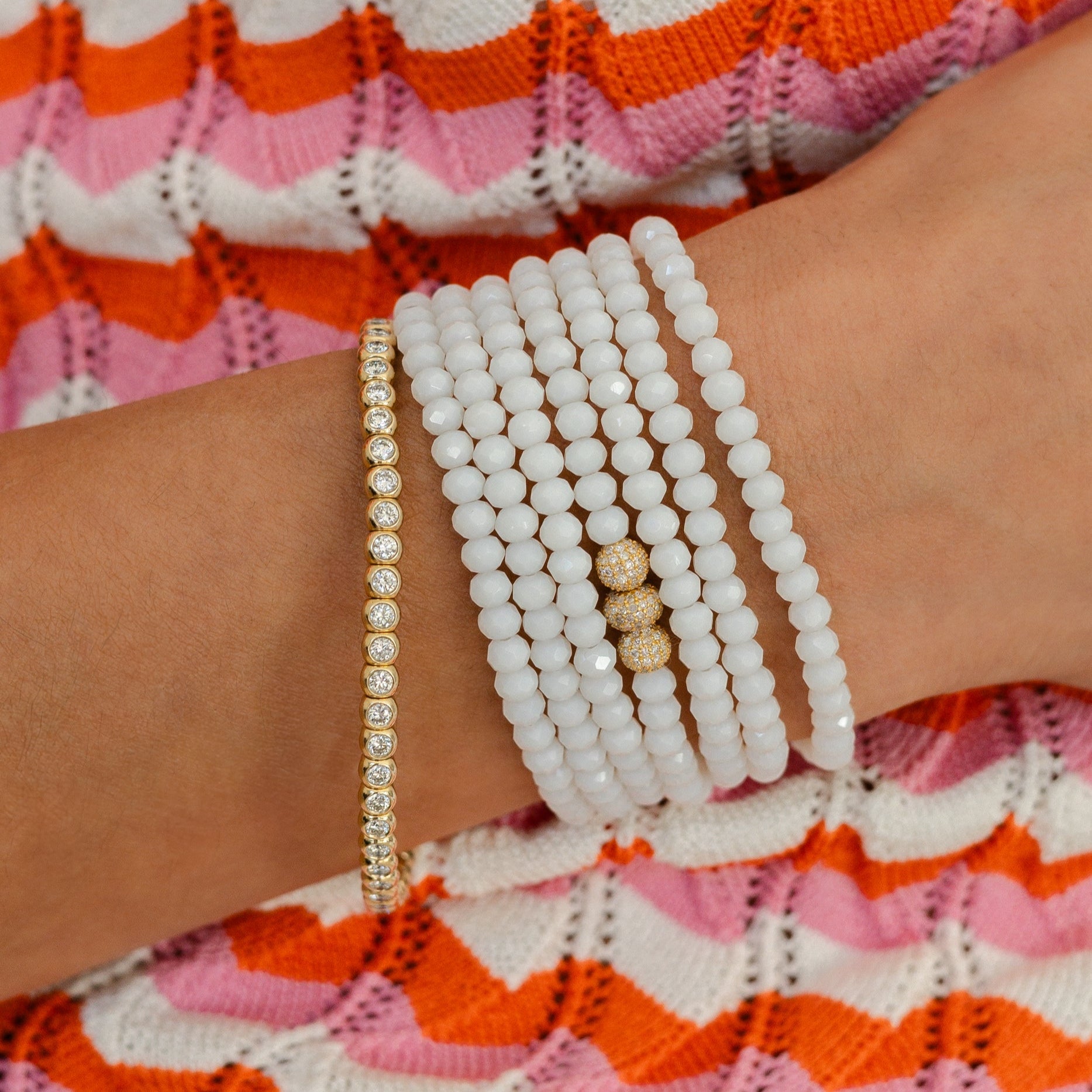 4mm White Crystal and Yellow Gold Diamond Accent Seven Wrap Beaded Bracelet
